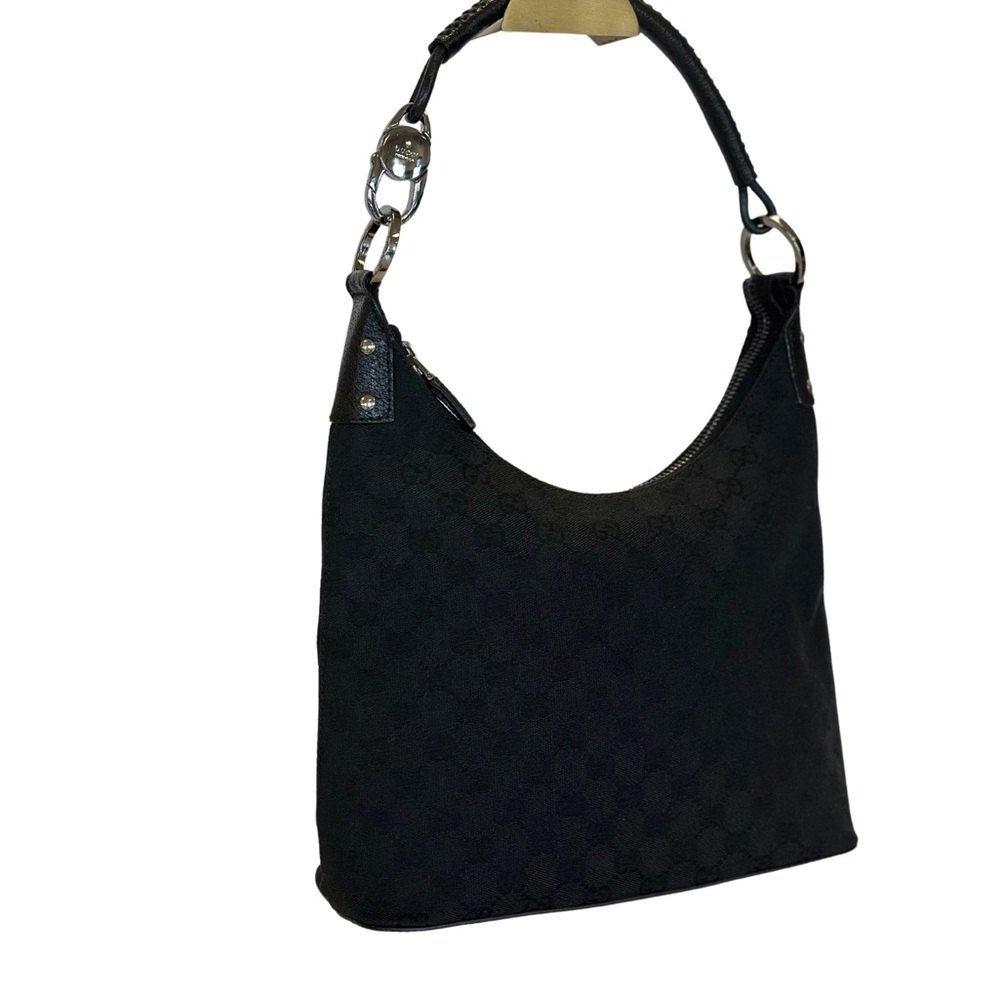 Authentic Gucci GG Monogram Canvas Leather Horsebit Hobo Shoulder Bag Black